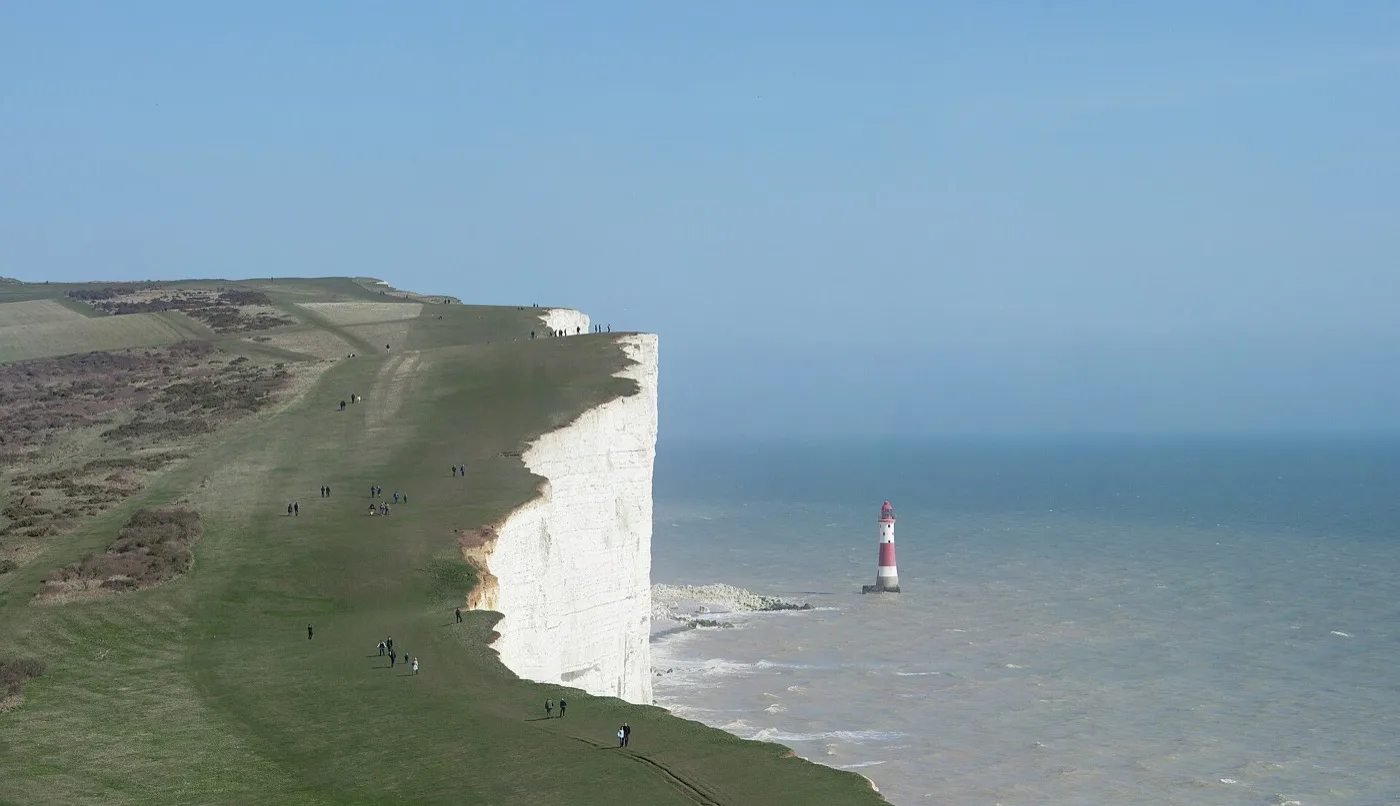 The red-and-white lighthouse at Beachy Head
