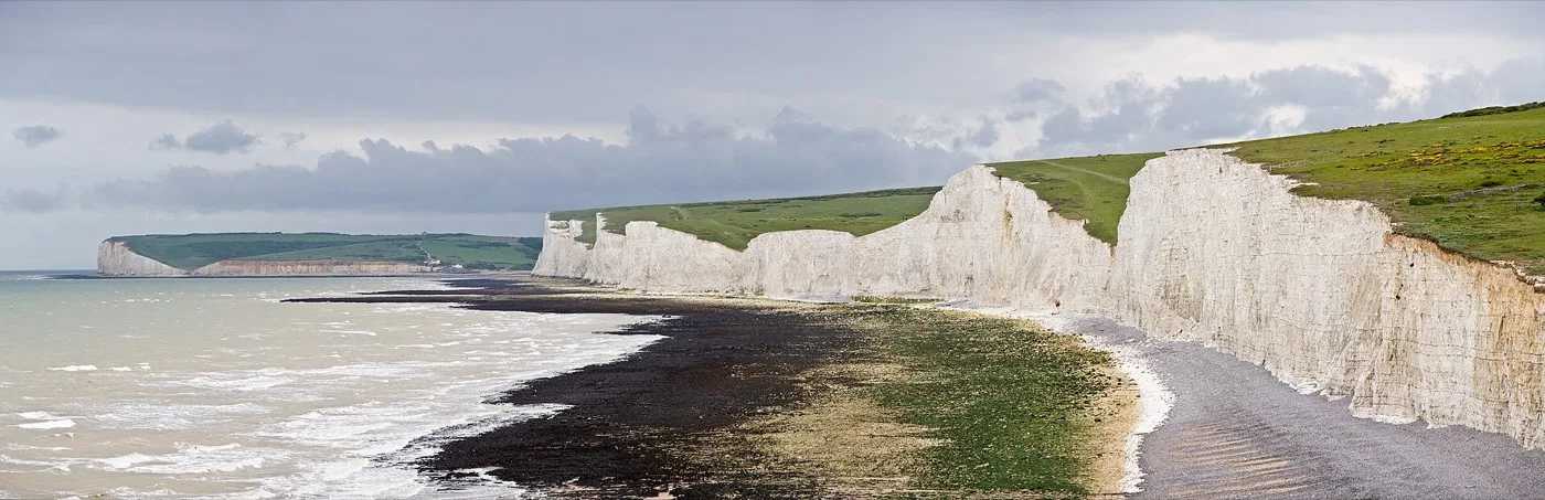 Panoramic view of the Seven Sisters chalk cliffs from above